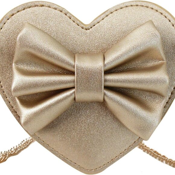 Girls Heart Shape Bowknot Mini Purse Crossbody Wallet Beige Gold Cute Compact Gi - Picture 1 of 7